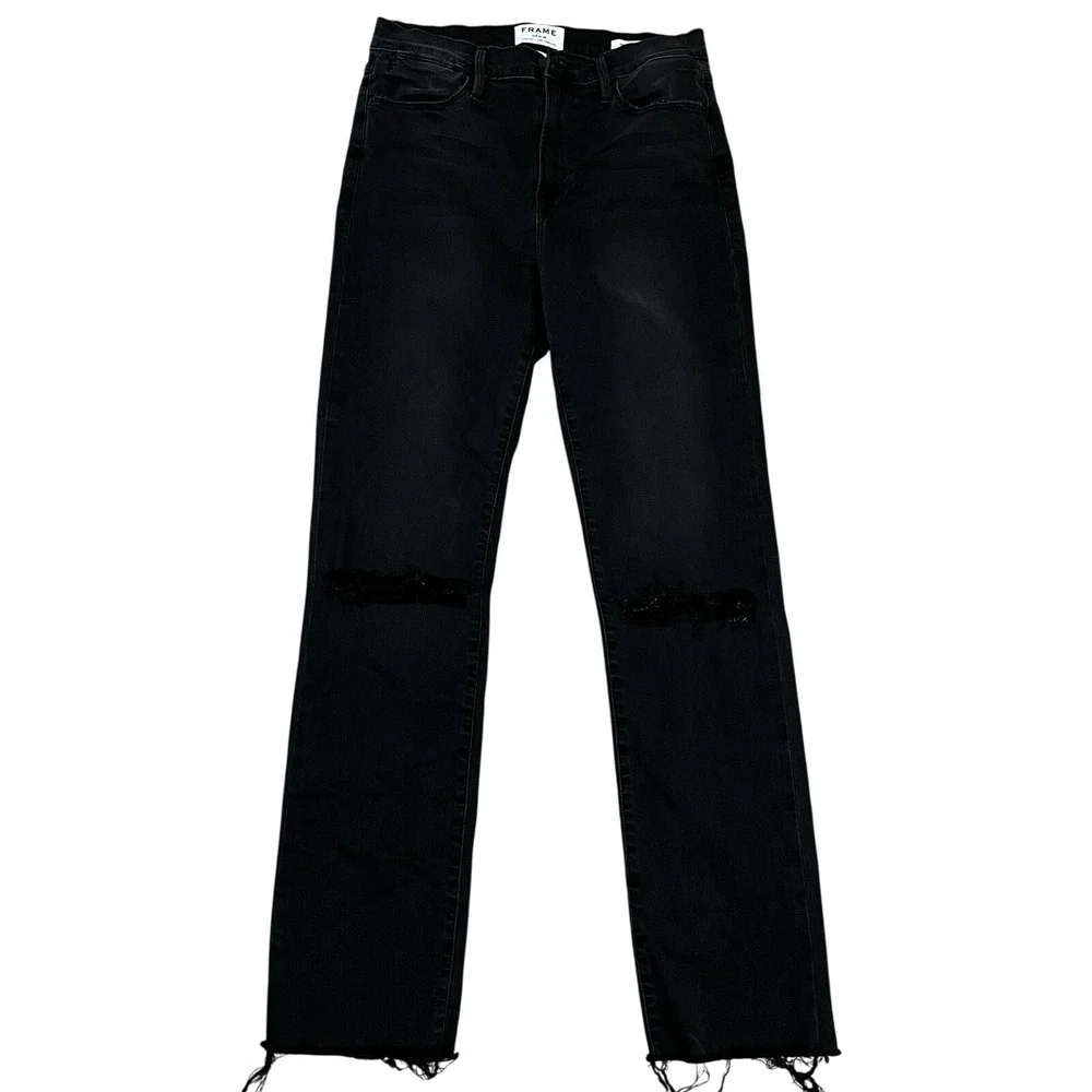 Frame Le High Straight Jeans 30 Black Distressed Ripped Knee Raw Hem Grunge Chic